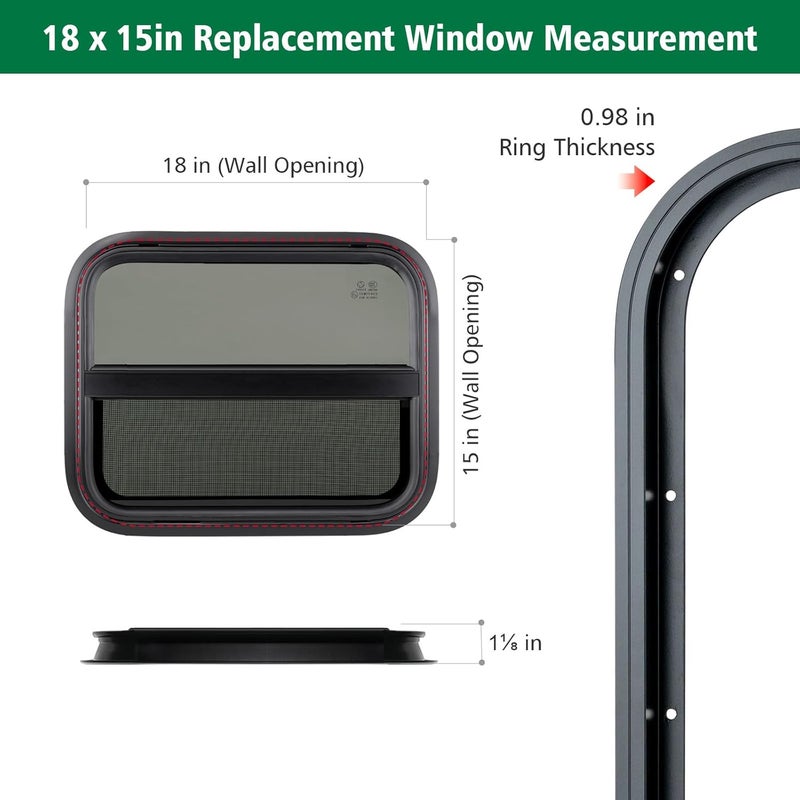 Dulepax Vertical RV Window, 18" W x 15" H Tinted Slide Trailer Window, Tempered Glass Camper Window Replacement with Net Screen and Trim Ring, DOT Approved - Image 2